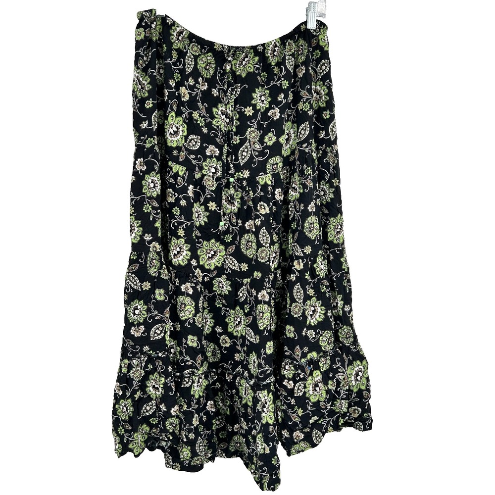 VTG Tiered Boho Cottage Midi Skirt Womens M Pull On Floral Peasant Green Black